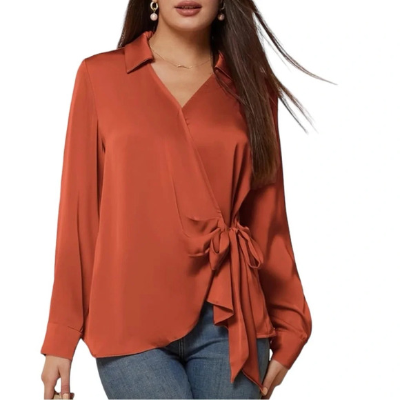 NWT Women’s Plus Sized Satin Wrap Blouse Women's Long Sleeve Elegant Tie Waist - Picture 5 of 8